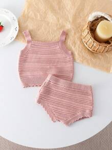 SHEIN Baby Girl Ruffle Trim Camisole Top And Knitted Shorts 2 Piece Outfit Set - Pink - View 7