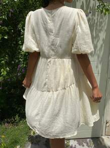 SHEIN EZwear Fall Clothes  Casual Bubble Skirt Solid Color Lantern Sleeve Dress - White - View 2