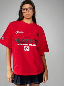 Missguided x Playboy Áo thun đường phố cỡ lớn in họa tiết số hiệu câu lạc bộ đua xe Giáng sinh Thiết kế logo xe máy cổ điển Kiểu dáng vai trễ Phong cách cổ điển In họa tiết thể thao đại học Đua xe ô tô - Đỏ - Xem 6