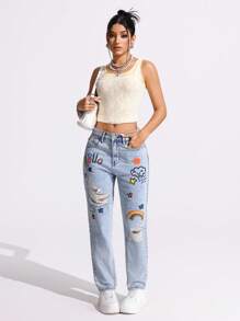 SHEIN Tall Jeans de tiro medio con pierna entallada, rasgados y con estampado de graffiti casual - Azul lavado medio - Ver 3