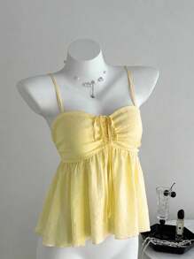 Camiseta de tirantes con volantes de unicolor lindo para damas, ropa de verano para la universidad - Amarillo 2 - Ver 4