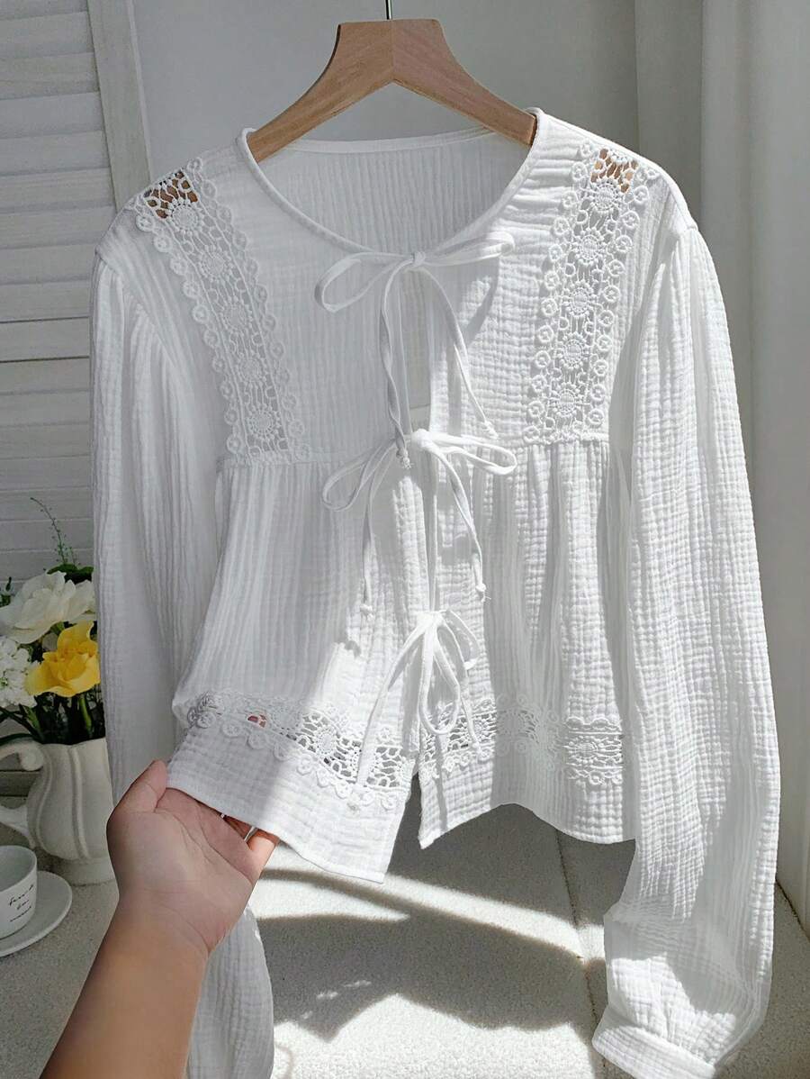 Comfortcana Camicetta oversize casual da donna a maniche lunghe, di colore tinta unita semplice con fiocco - Bianco - Visualizzare 1