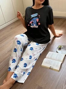 大码可爱卡通印花圆领短袖上衣和裤子睡衣套装 - 黑與白 - 查看 6