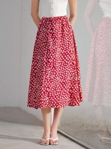 SHEIN Unity Women's Summer Ditsy Floral A-Line Skirt Modest Vacation Fall - Red - View 5