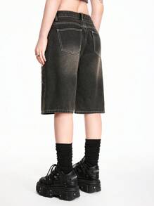 ROMWE Goth Plus Size Spider Print Denim Shorts For Summer - Black - View 3