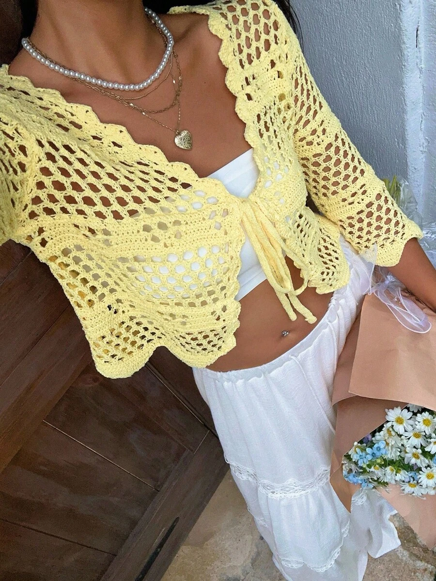 Sunnyshic Cárdigan casual de mujer con mangas 3/4, efecto calado y nudo delantero, versátil y encantador