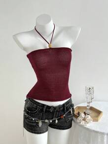 SHEIN Unity Women Solid Sheer Neck Fitted Vacation Sweater Vest - Burgundy - View 1