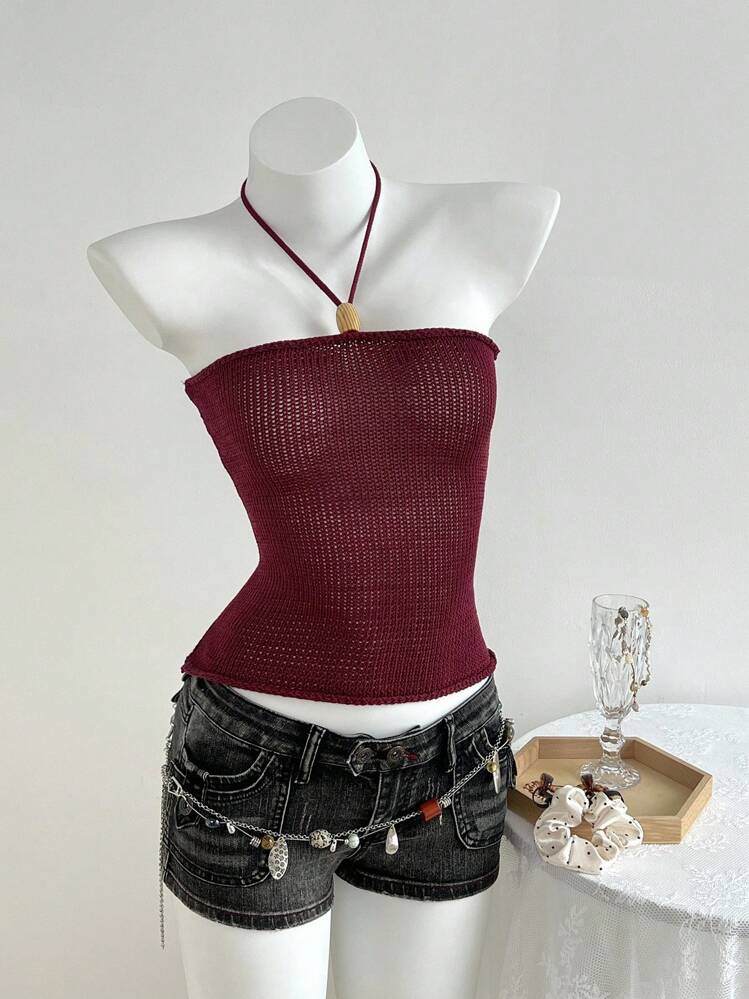 SHEIN Unity 女士纯色透视领口合身度假毛衣背心 - 酒紅色 - 查看 1