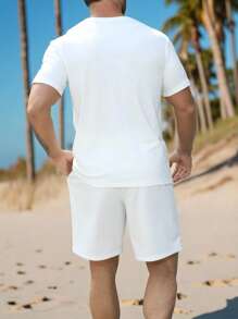 Manfinity Dauomo 男士休闲T恤和短裤套装，夏季 - 白色 - 查看 2