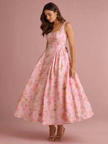Enchnt Spring/Summer Romantic Women's Pastel Pink Floral Print Big Bowknot Back Cinched Waist Sleeveless Backless Princess Long Dress,Sweet&Elegant For Vacation&Date&Holiday&Going Out,Spring Outfit Women - Coral Pink - View 6