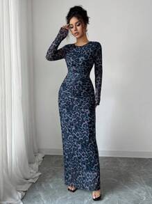 Rafferiza Đầm dài tay lưới bó họa tiết da báo thanh lịch dành cho nữ, phù hợp cho trang phục Maxi mùa xuân và mùa thu - Màu xanh bụi bặm - Xem 5