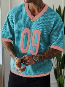 Manfinity Homme 男式撞色镶边数字嵌花针织毛衣 - 淺藍色 - 查看 6