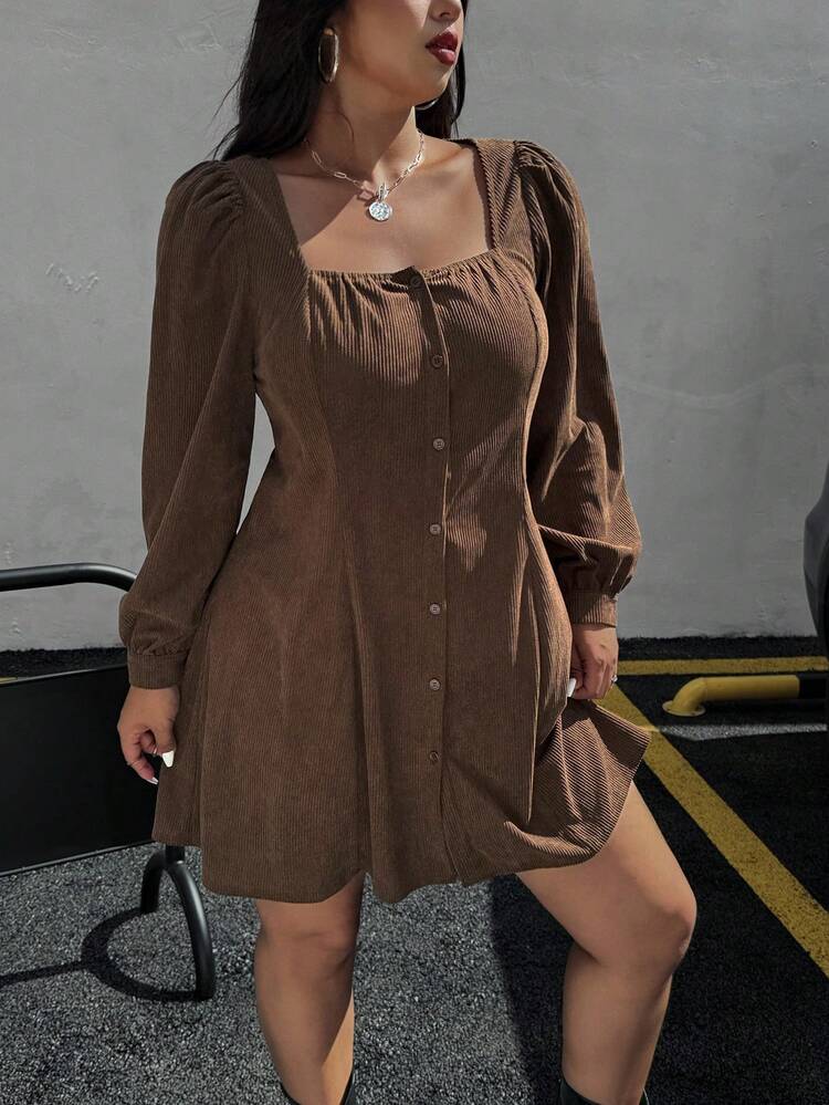 Muchica 女士休闲方领纯色加大码连衣裙棕色灯芯绒连衣裙棕色连衣裙女士长袖棕色连衣裙纽扣连衣裙女士秋季连衣裙 - 咖啡棕 - 查看 6
