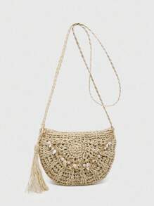 ROMWE Fairycore 女士海滩度假草编贝壳设计轻便斜挎包，适合节日购物