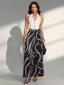 Almamuse Women's Elastic Waist Asymmetrical Geometric Pattern Wide Leg Pants Fall Casual Spring - Black - View 6