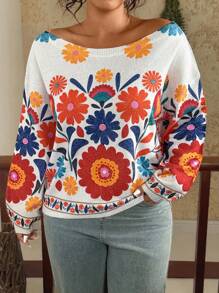 SHEIN VCAY Sweater Rajut Jacquard Digital Premium, Blus Wanita Lengan Panjang Longgar Serbaguna Elegan untuk Musim Semi & Gugur Musim Dingin - MultiWarna - View 5
