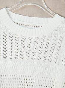 Franclia 女士休闲度假简约百搭半透明钩针圆领毛衣，适合春秋季节全白度假女士针织套头衫秋冬 - 白色 - 查看 6