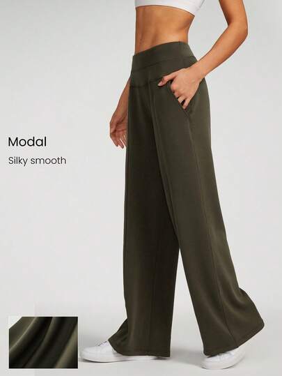 GLOWMODE 30" Regular SoftCalm Modal Silk Touch Wide Leg High Waist Lounge Pants With Side Pockets Daily Casual Spring Summer