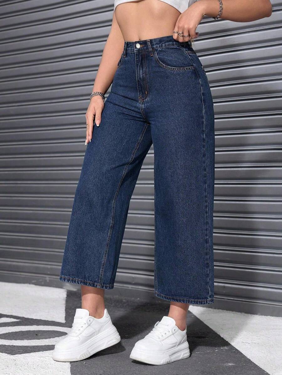SHEIN ICON 大码女式经典时尚阔腿牛仔裤,夏季 - 藍色 - 查看 1