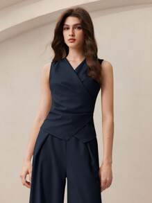 BizChic 海军蓝不对称剪裁露肩上衣，现代优雅都市通勤日常浪漫90年代复古风，适合圣诞节、新年、情人节、派对、海滩、毕业典礼、时尚、嘉年华、假日、婚礼宾客、早午餐、机场等多种场合。 - 藏蓝色 - 查看 5