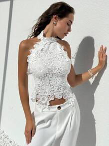 Aloruh 女士优雅性感纯色蕾丝露背吊带上衣，夏季海滩度假波西米亚热带风情婚礼周年纪念伴娘派对约会性感婚礼宾客女士新娘送礼会白色优雅端庄仙气可爱夏季上衣夜间外出 - 白色 - 查看 9