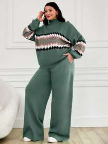 EURMUSE Women's Geometric Pattern High Neck Sweater 2pcs/Set - Mint Green - View 3