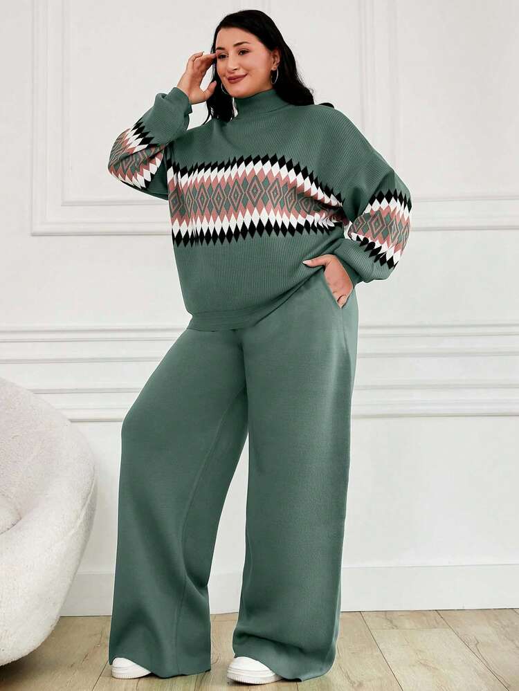 EURMUSE Women's Geometric Pattern High Neck Sweater 2pcs/Set - Mint Green - View 3