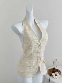SHEIN Unity V-Neck Fringed Backless Halter Crop Tailored Jacket - White - View 1