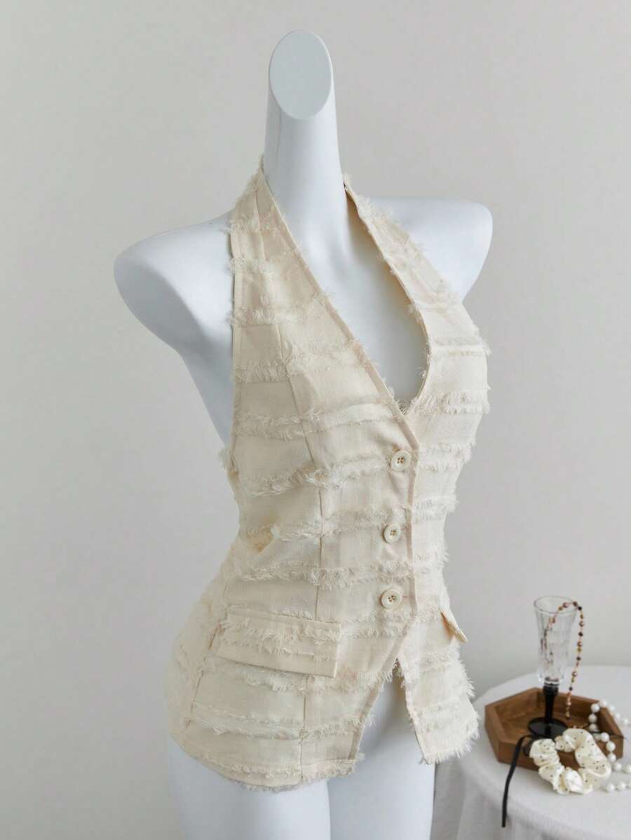 SHEIN Unity V-Neck Fringed Backless Halter Crop Tailored Jacket - White - View 1