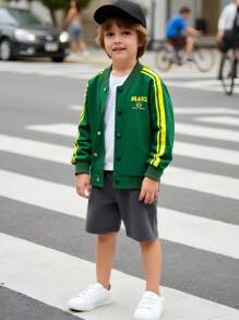 Explorewe 1pc Young Boys Jackets Grass Green Baseball Uniform Long Sleeve Stand Collar Striped & National Flag Print Hoodie Career Day,Autumn Back To School - Multicolor - View 3