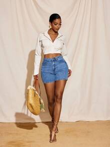Harviee Áo crop top vải lanh dáng phồng có cổ cài nút, tay áo rộng cho nữ - Màu be - Xem 7