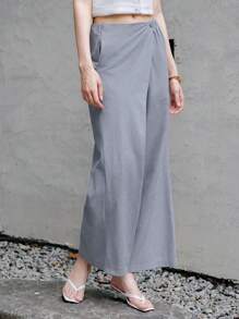 Chiquease 女士绿色休闲时尚简约设计斜襟高腰阔腿裤 - Iron Gray - 查看 5