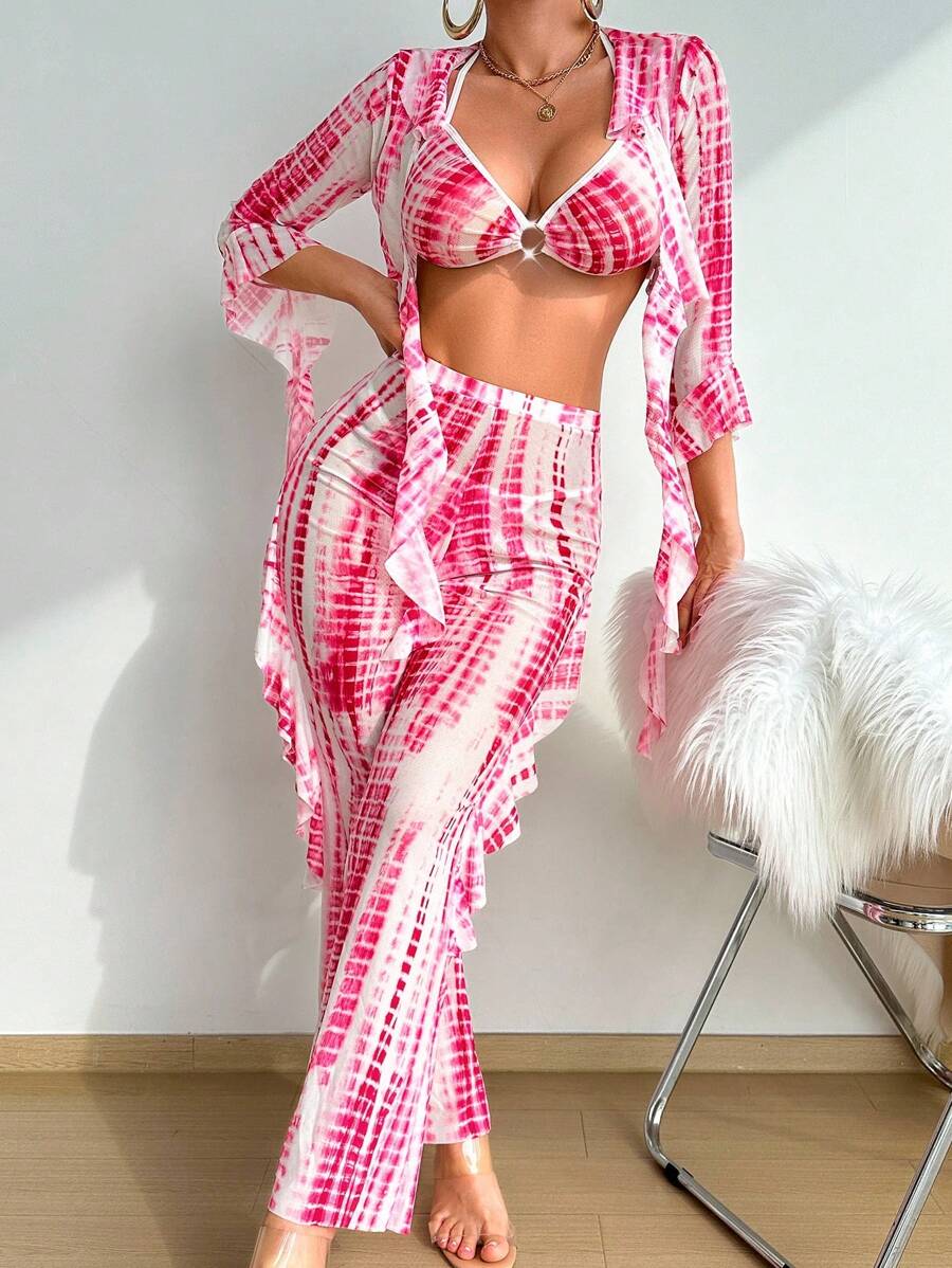 SHEIN Set de 4 piezas con top con cordones vintage + cárdigan corto con volantes + tanga + pantalones con volantes, conjunto de lencería sexy - Rojo y blanco - Ver 1