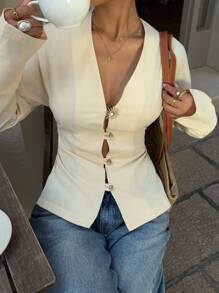 Siren Gaze 新款女士休闲办公金属纽扣长袖衬衫 - 黃色 - 查看 5