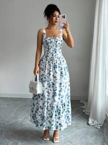 Rafferiza 2pcs Women's Ditsy Floral Waisted Tank Top & Flowy Skirt Set,White And Blue Floral,Summer,Boho,Vacation,Holiday Sundress,Fashion Outfits - Multicolor - View 3