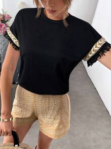 SHEIN LUNE 女士休闲流苏圆领日常度假户外T恤，适合春夏季