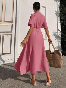EURMUSE Ruffle Sleeve Crew-Neck Buttoned Maxi Dress With Shell Belt - Dusty Pink - View 2