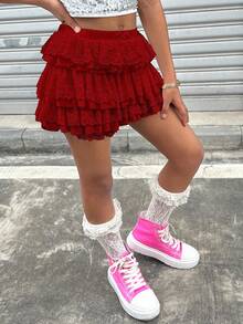 Coolane 青少年女孩春夏/可爱/街头风格蕾丝弹力撞色蕾丝白色短裤 - 紅色 - 查看 3