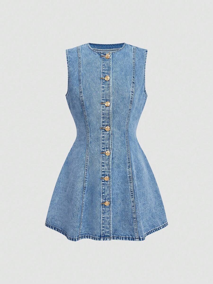 SHEIN MOD 女式牛仔无袖迷你连衣裙，休闲修身，蓝色