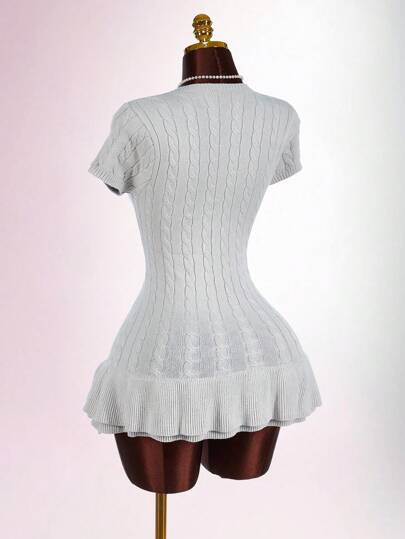Amplova Women Knight Pattern Round Neck Short Sleeve Ruffled Hem Knit Dress