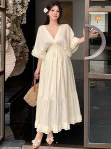 DAZY 女式V领荷叶边腰中长连衣裙，春夏 - 白色 - 查看 1