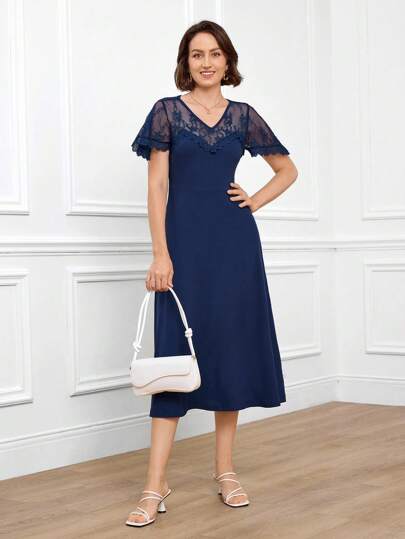 women's elegant midi dress Elegant Beige Short-Sleeve Midi Dress for Women – Casual Chic Everyday –  FineLook main image 1
