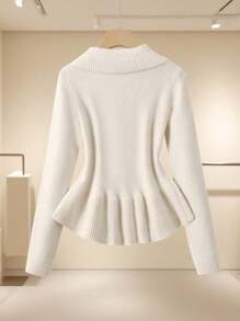 SHEIN LUNE Women's Solid Color Long Sleeve Casual Cardigan With Ruffle Hem Fall Winter Cloth For Women - White - View 2