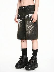 ROMWE Goth Plus Size Spider Print Denim Shorts For Summer - Black - View 5