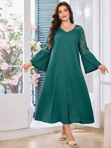 Modelyn Casual Solid Color Lace Patchwork V-Neck Ruffle Hem Long Sleeve Loose Fit Regular Plus Size Dress, Spring And Summer - Green - View 4
