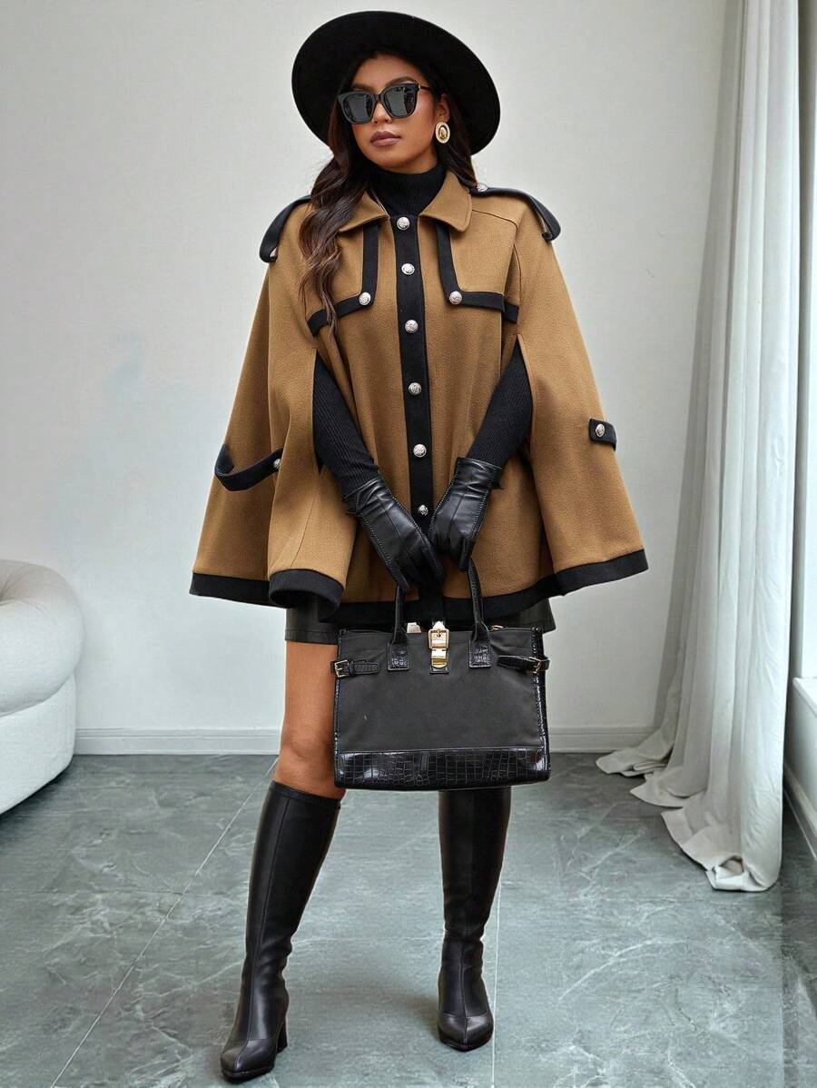 Elenzga Plus Size Women Winter Color Block Raglan Sleeve Woolen Cloak Elegant Jacket Fall Cloth For Women Autumn - Brown - View 1