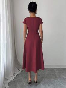 Elenzga 女式法式优雅通勤办公室休闲假日下午茶派对方领胸口收腰喇叭下摆短袖连衣裙，春夏 - 紫紅色 - 查看 2