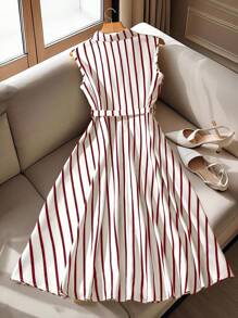 EMERY ROSE 女式夏季休闲通勤条纹纽扣半襟无袖连衣裙 - 紅色 - 查看 2