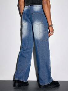 ROMWE MEN Street Life Men's Rhinestone Decorated Pocket Casual Fashion Wide-Leg Jeans - Blue - View 3