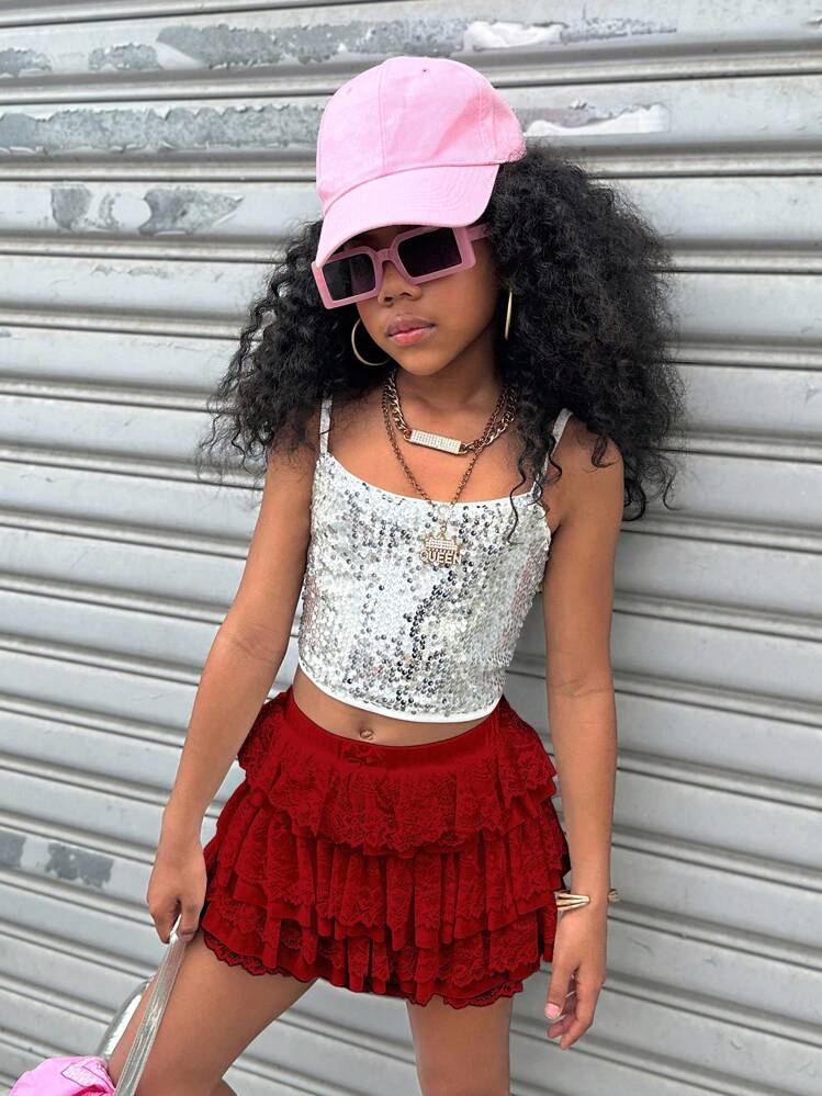 Coolane 青少年女孩春夏/可爱/街头风格蕾丝弹力撞色蕾丝白色短裤 - 紅色 - 查看 2